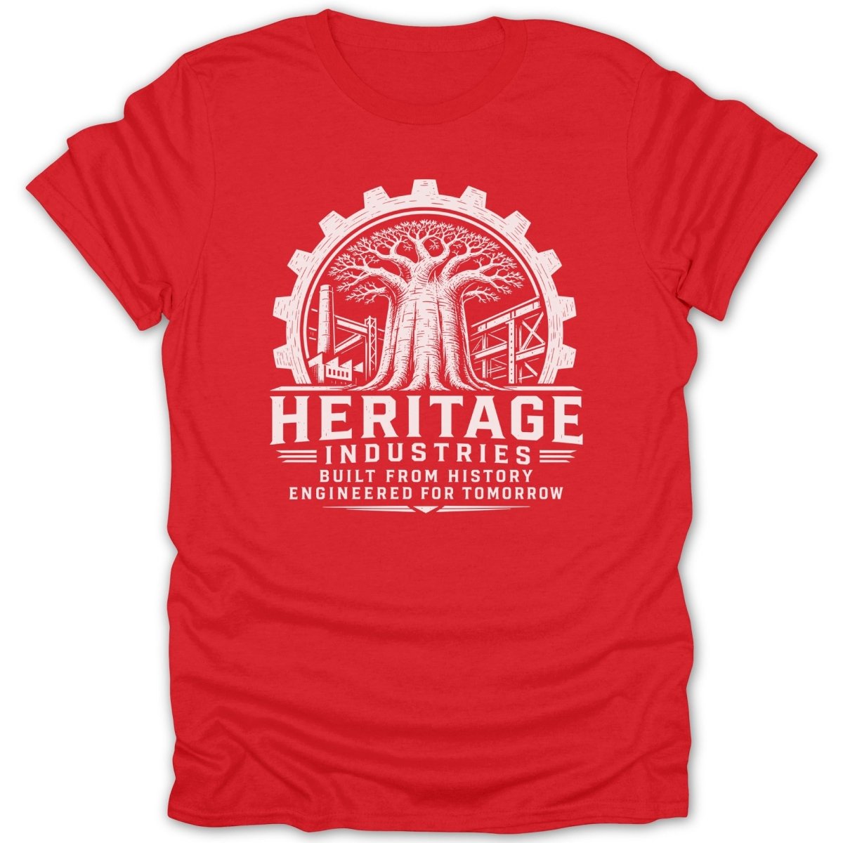 Red t-shirt with white graphic of a gear, baobab tree, and factory buildings.