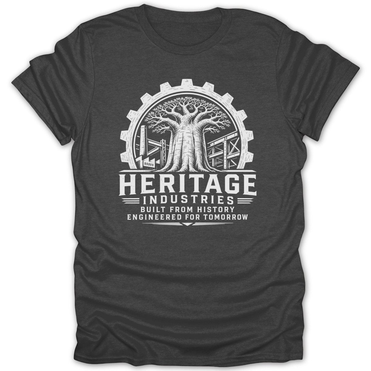 Dark grey t-shirt with white graphic of a baobab tree within a gear and text.
