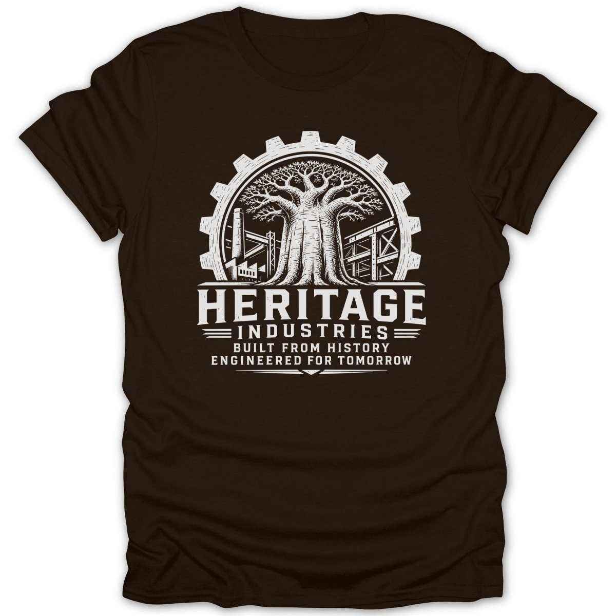 Brown t-shirt with white Heritage Industries logo featuring a gear, tree, and industrial elements.