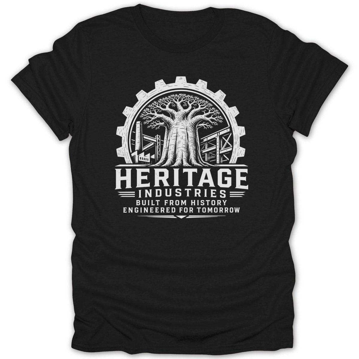 Black t-shirt with white "Heritage Industries" logo featuring a tree and gear.