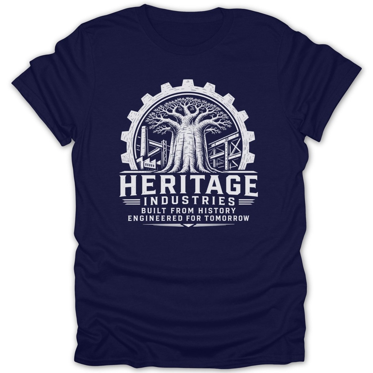 Navy t-shirt with white "Heritage Industries" logo featuring a tree and gears.