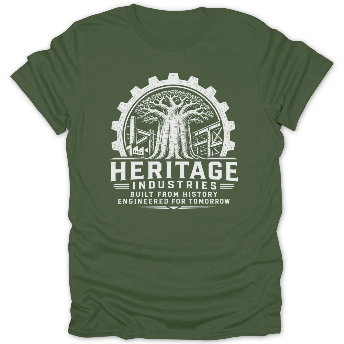 Olive green t-shirt with white graphic: tree, gear, buildings, and text "Heritage Industries".