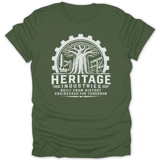 Olive green t-shirt with white graphic: tree, gear, buildings, and text "Heritage Industries".