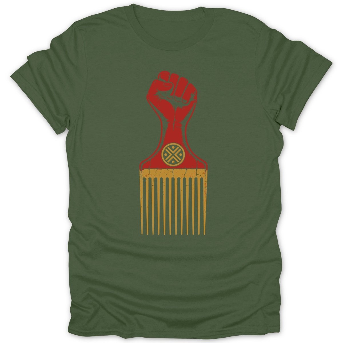 Green t-shirt with a red raised fist over a golden afro pick.