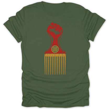 Green t-shirt with a red raised fist over a golden afro pick.