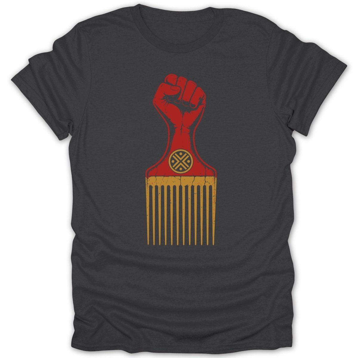 Dark gray t-shirt with a red raised fist and gold afro pick graphic.