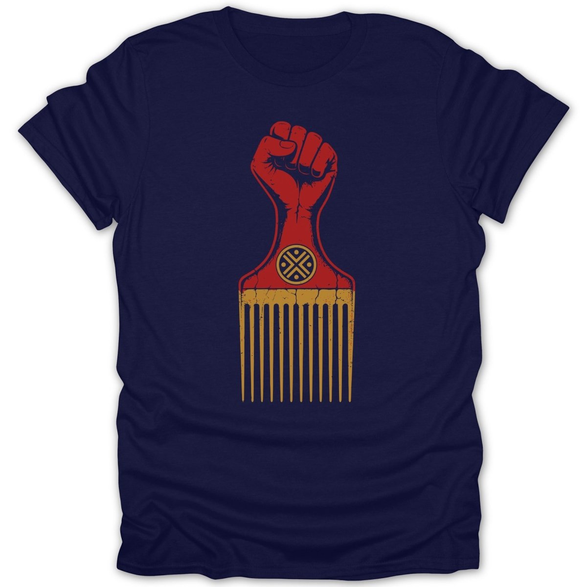 Navy t-shirt with a red raised fist and afro pick with a circular symbol.