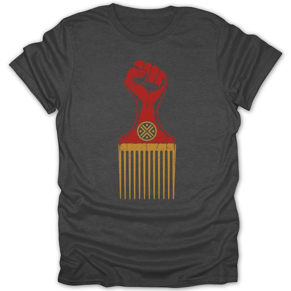 Dark gray t-shirt with a red fist and gold hair pick graphic.
