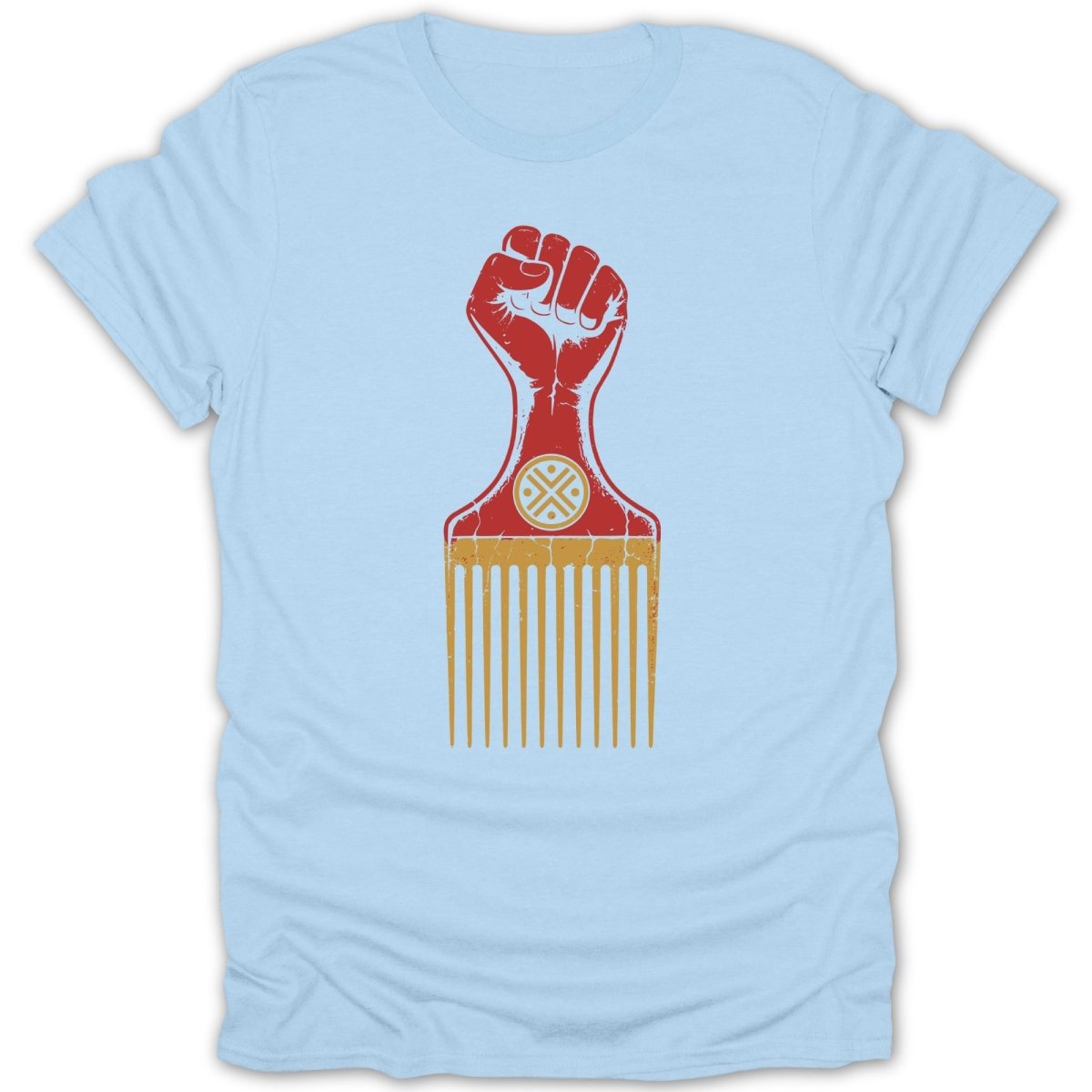 Red fist on a hair pick with a circular symbol against a light blue t-shirt.
