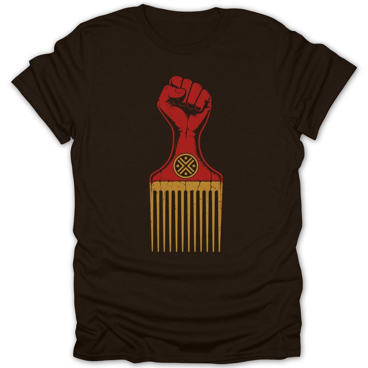 Brown t-shirt with a graphic of a raised fist merging with an African comb.