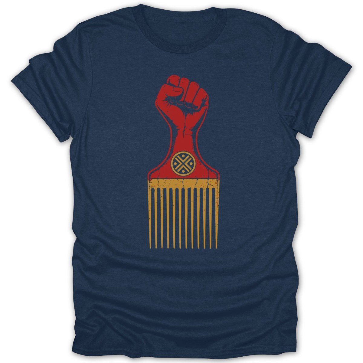 Navy t-shirt with red raised fist and gold hair pick graphic.