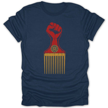 Navy t-shirt with red raised fist and gold hair pick graphic.