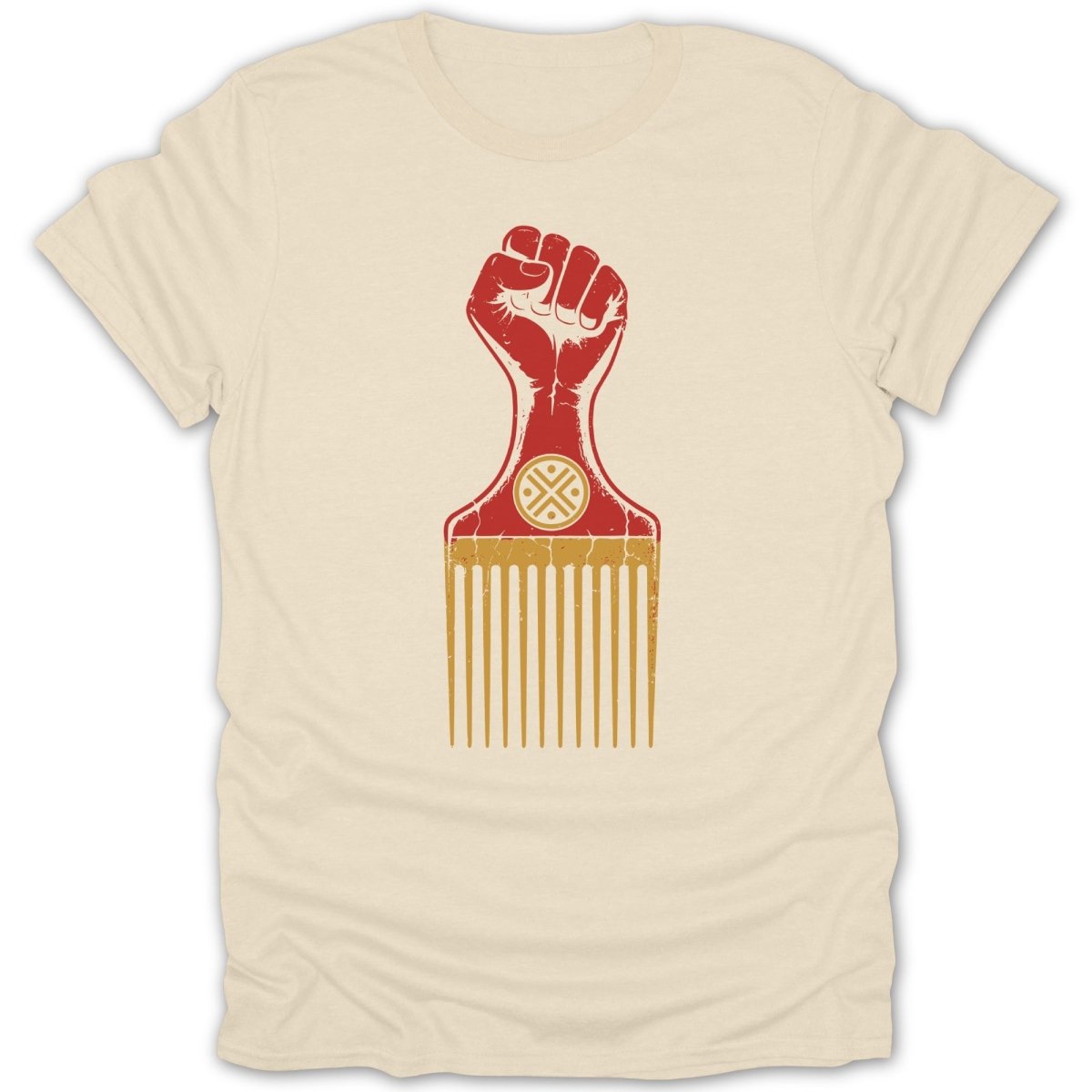 Fist-shaped hair pick with circular symbol on cream t-shirt.