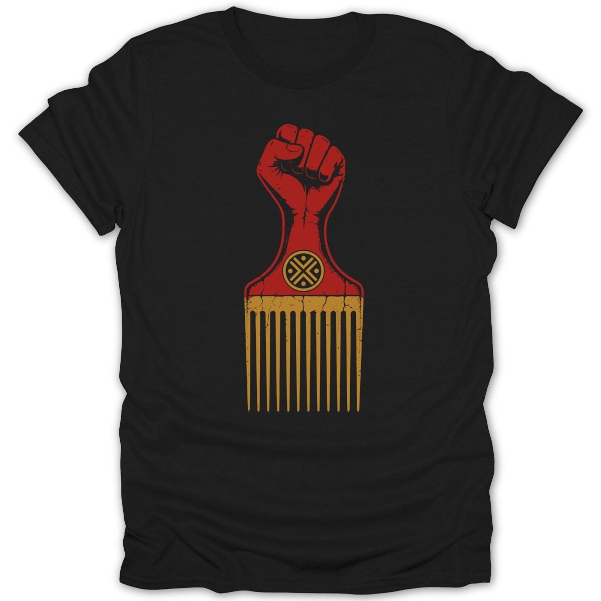 Black t-shirt with a red raised fist over a golden afro pick logo.