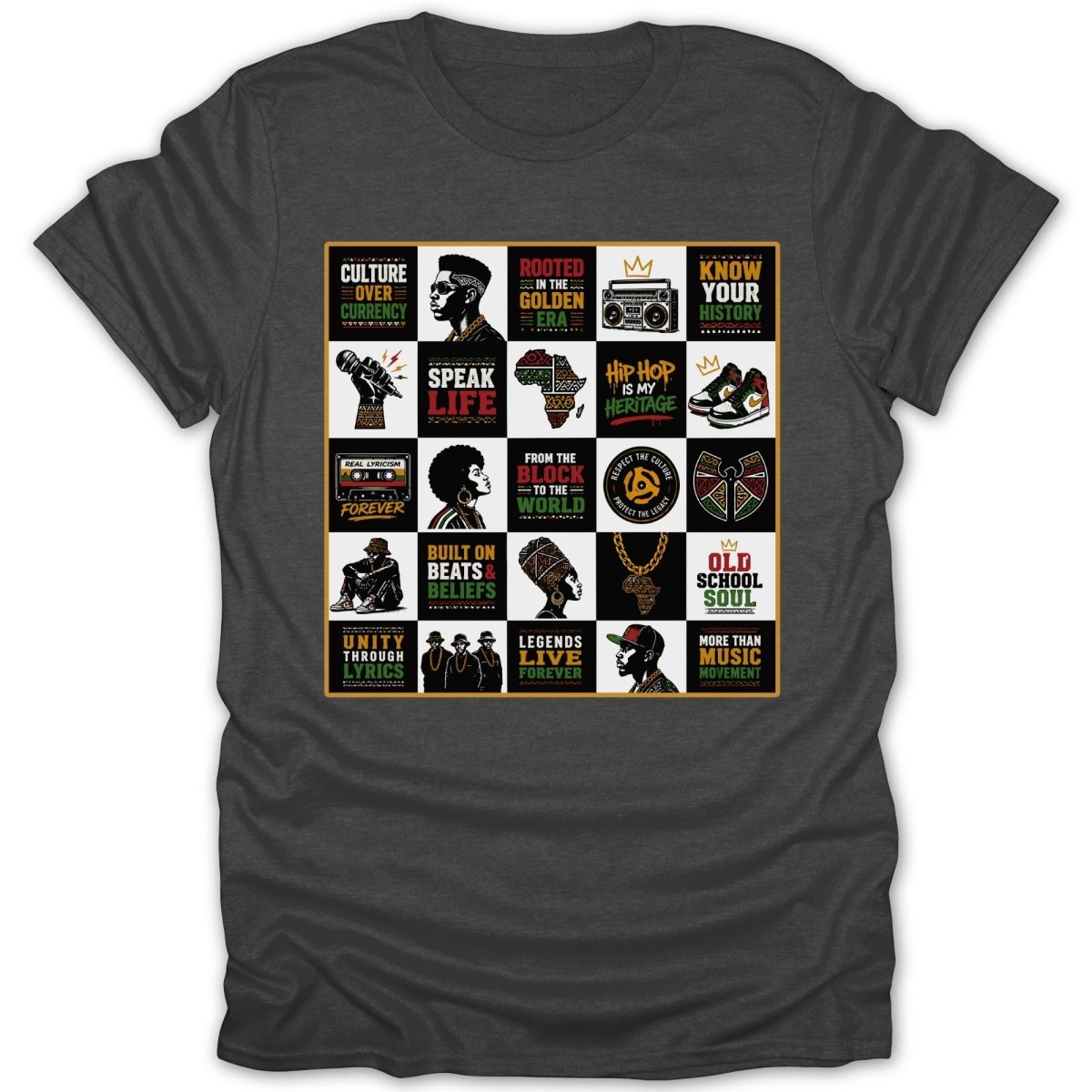 T-shirt graphic with collage of hip-hop culture imagery and text.