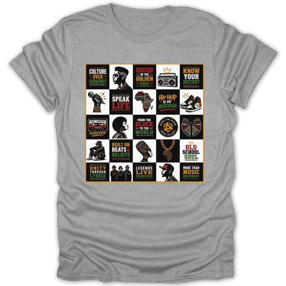 T-shirt with grid of square designs featuring hip hop culture, historical figures, and text.