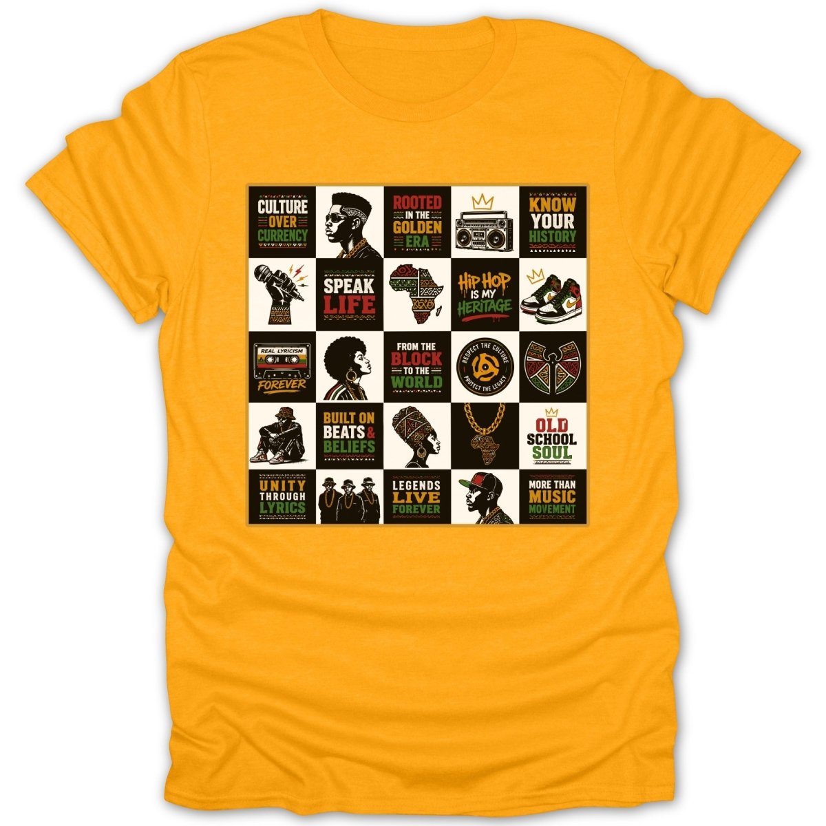 Yellow t-shirt with a grid of hip-hop culture motifs and text.