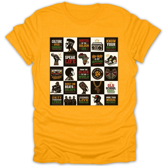 Yellow t-shirt with a grid of hip-hop culture motifs and text.