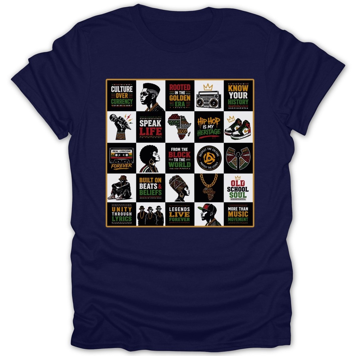 T-shirt with a collage of hip hop culture graphics and text in a grid.