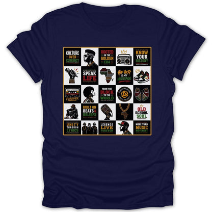 T-shirt with a collage of hip hop culture graphics and text in a grid.