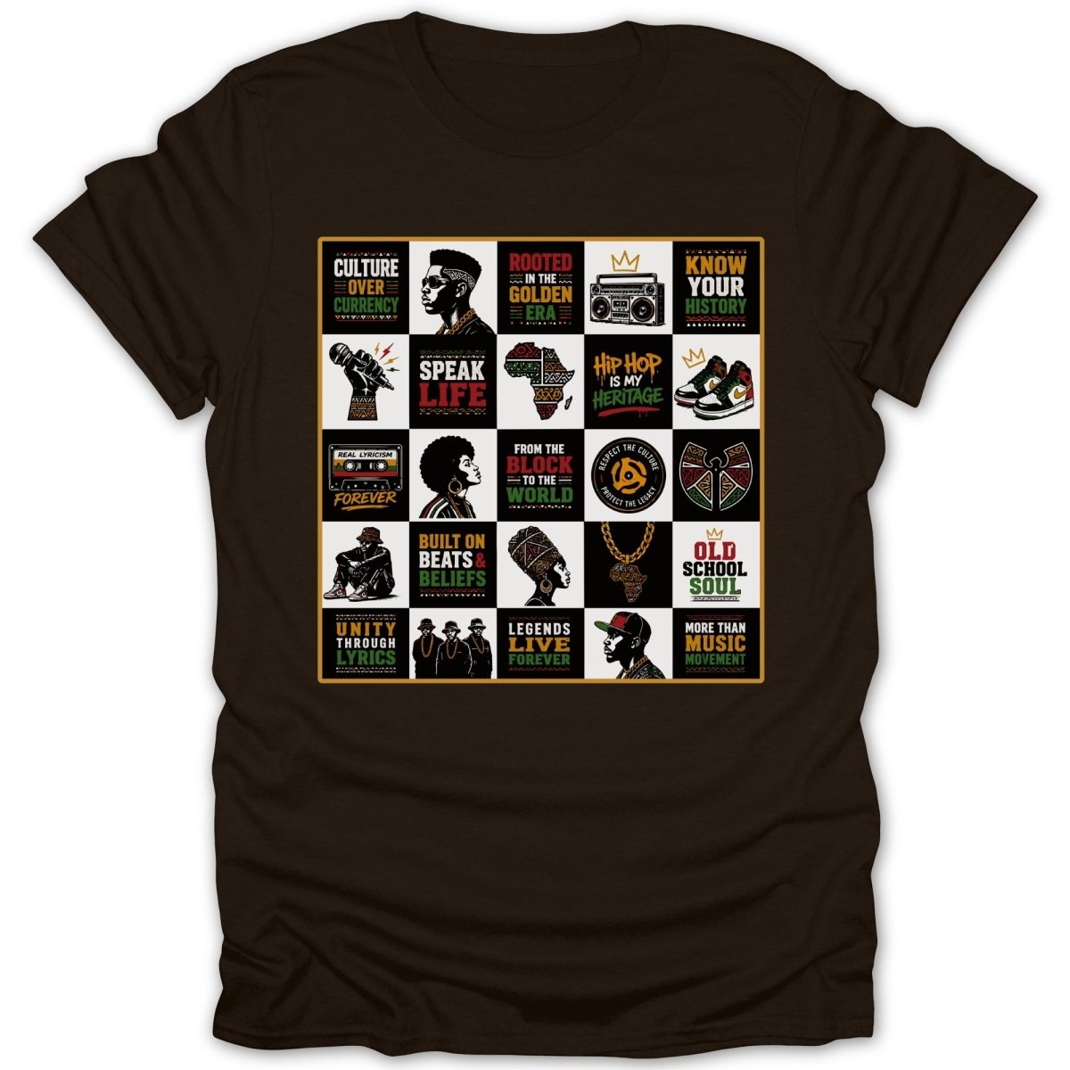 Brown t-shirt with a collage of hip-hop culture and African heritage graphics.
