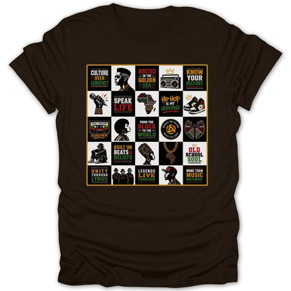 Brown t-shirt with a collage of hip-hop culture and African heritage graphics.
