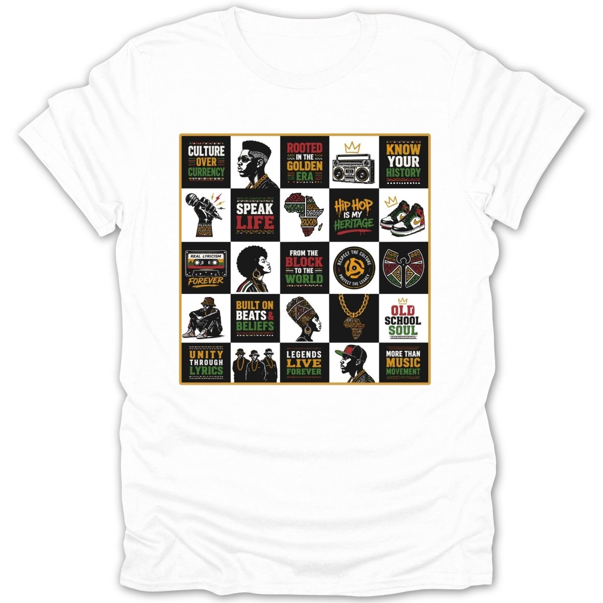 White t-shirt with a grid of 20 squares featuring hip-hop culture art and text.