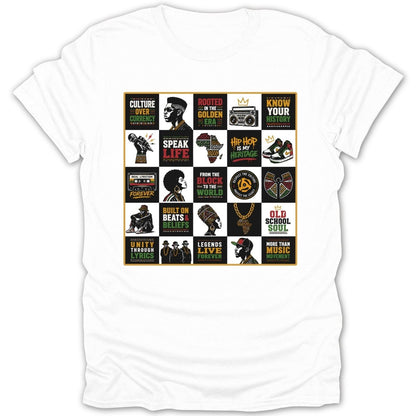 White t-shirt with a grid of 20 squares featuring hip-hop culture art and text.