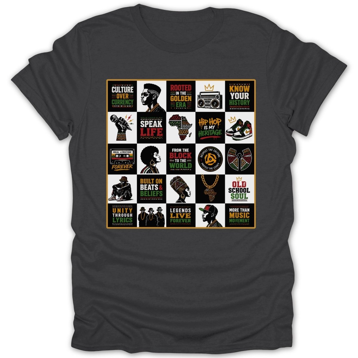 T-shirt with a grid of 12 squares featuring hip-hop culture artwork and text.