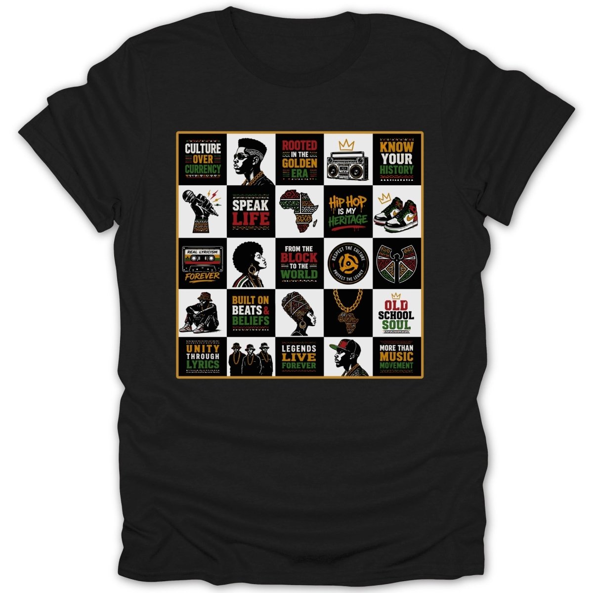 Black t-shirt with a grid of 16 squares featuring hip hop and Black culture illustrations and text.