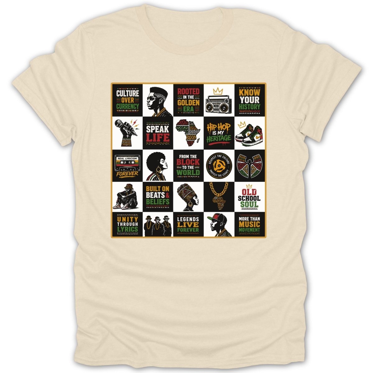 T-shirt with grid of hip-hop culture icons and phrases in black, gold, and green.