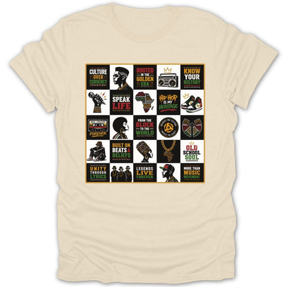 T-shirt with grid of hip-hop culture icons and phrases in black, gold, and green.
