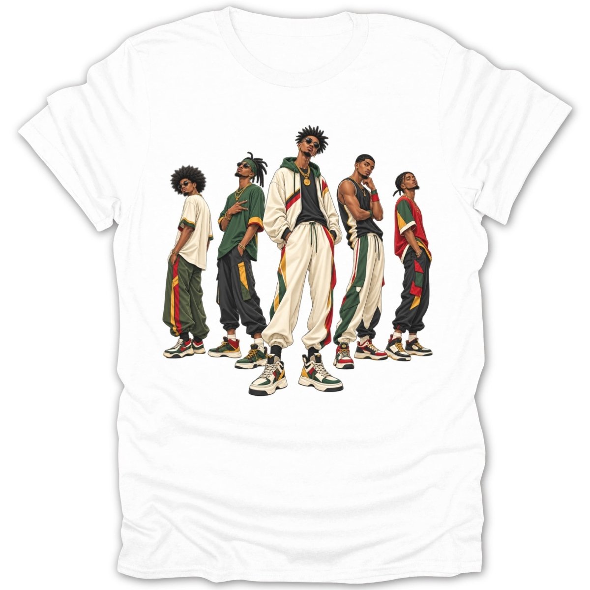 Five men in stylish streetwear and athletic shoes are depicted in a lineup.