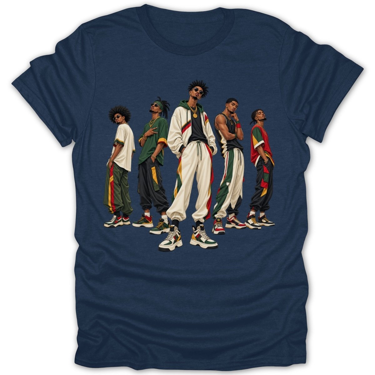 Five diverse figures in fashionable athletic wear with gold chains and sunglasses.