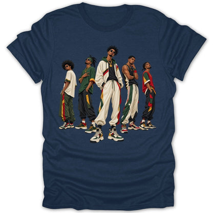 Five diverse figures in fashionable athletic wear with gold chains and sunglasses.