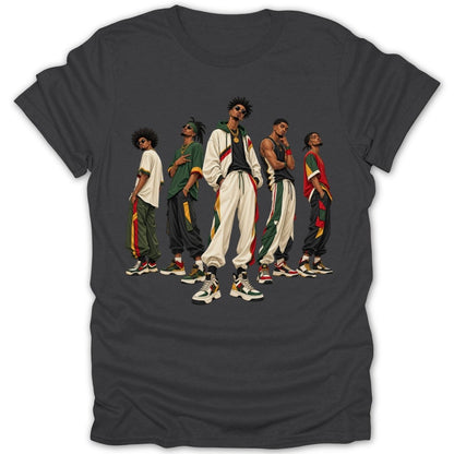 Five men in stylish streetwear stand in a line, two wearing tracksuits with red, yellow, and green accents.