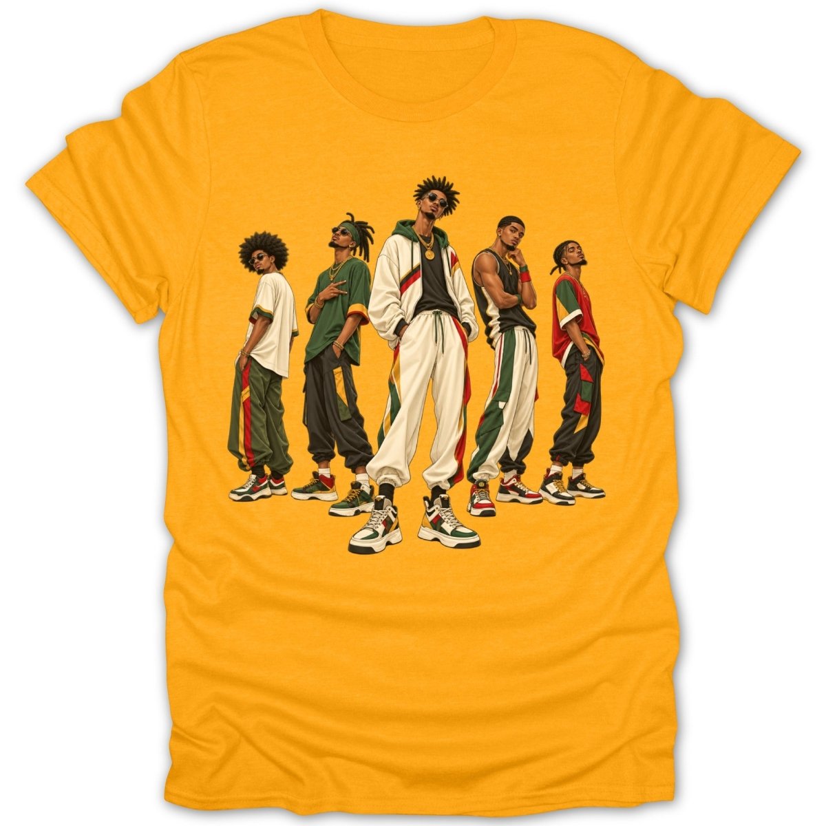 Graphic of five stylish men in retro streetwear on a yellow t-shirt.