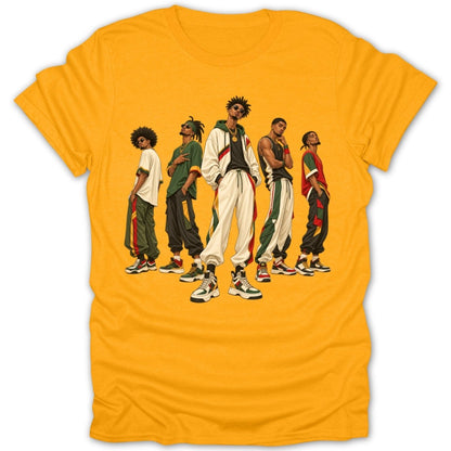 Graphic of five stylish men in retro streetwear on a yellow t-shirt.