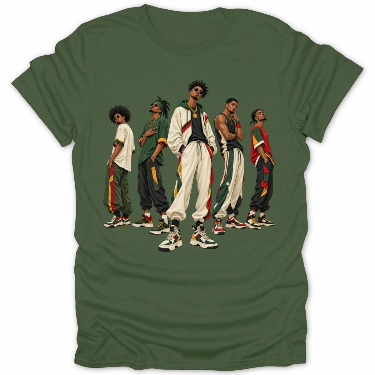 Illustration of five men in retro tracksuits and sneakers on a green t-shirt.