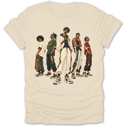 Five stylish young men stand in a line wearing streetwear.