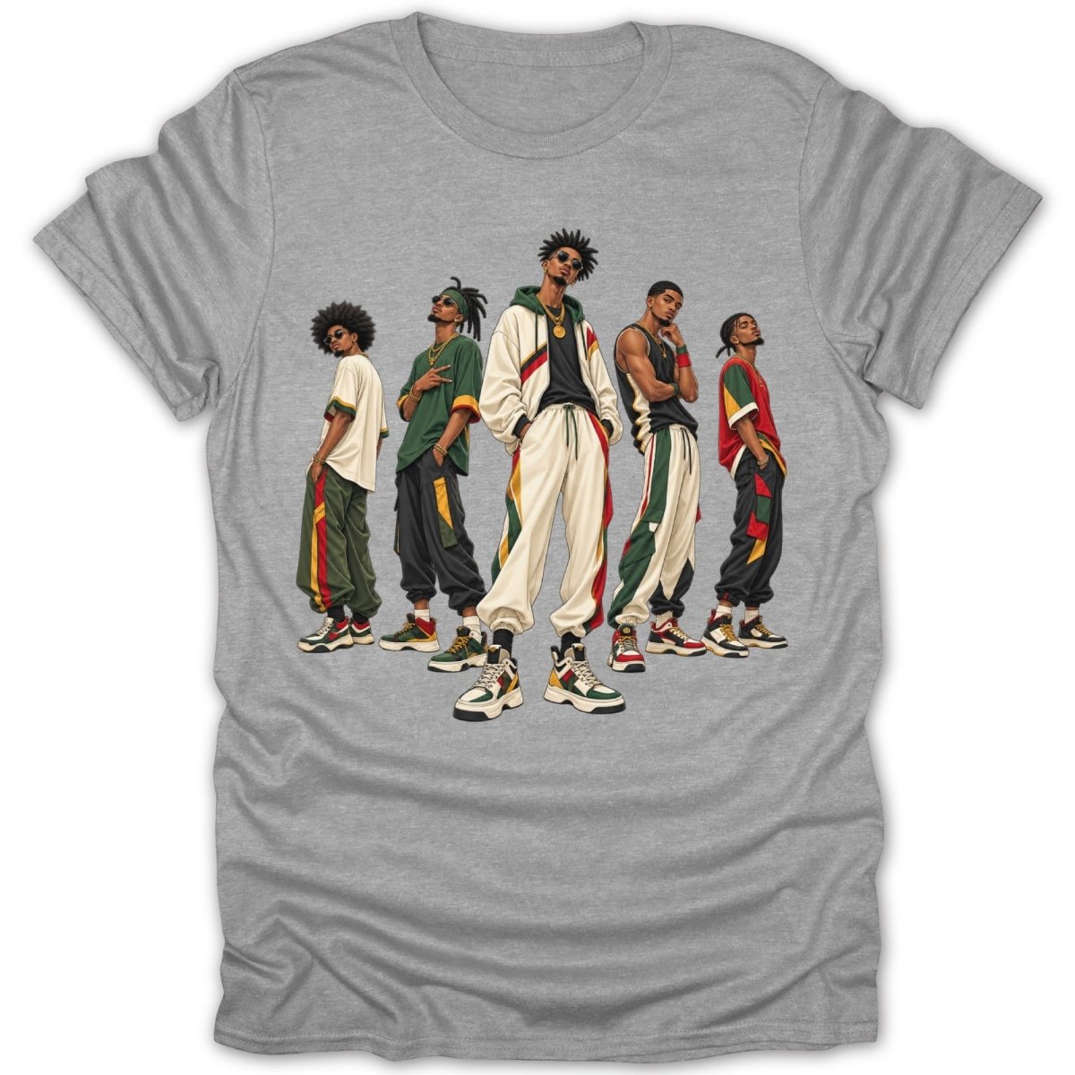 Five stylized men in colorful streetwear posing in front of a gray t-shirt.