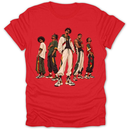 Five men in stylish streetwear stand in a line against a red background.