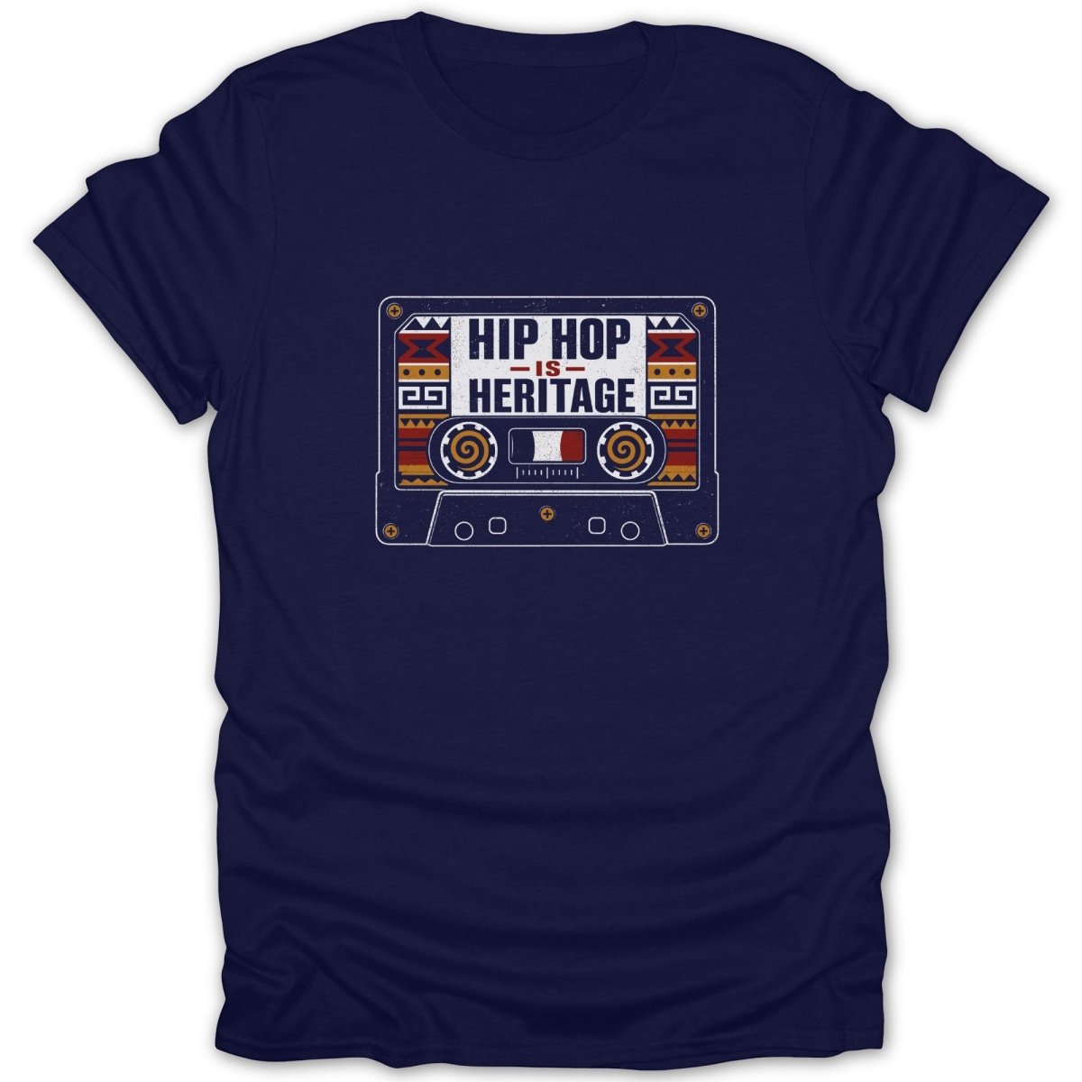Cassette tape graphic with "HIP HOP IS HERITAGE" text on a navy t-shirt.