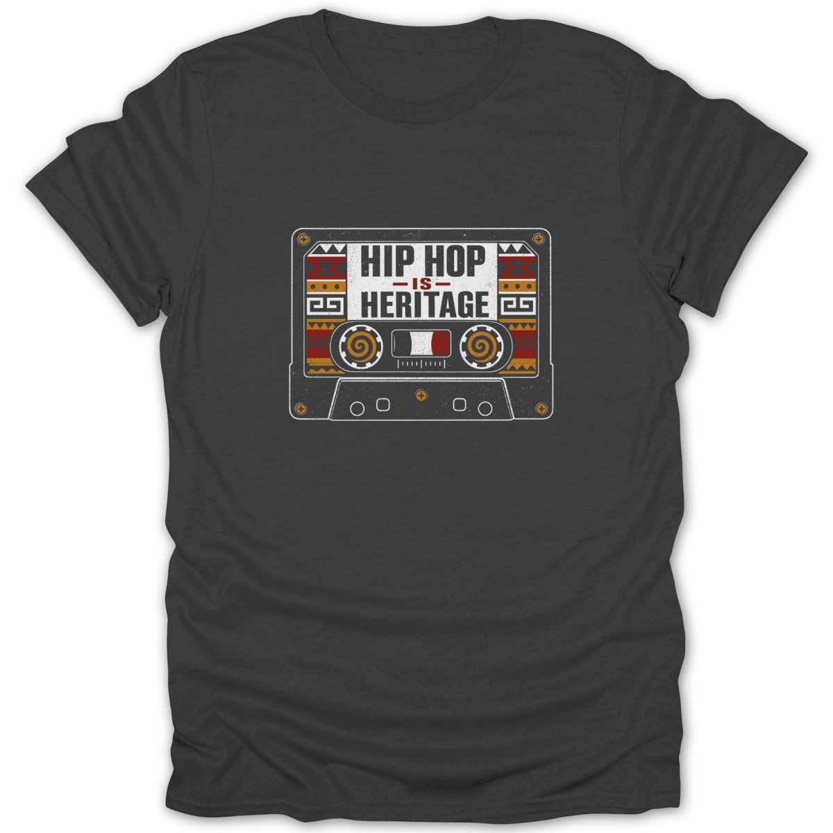 Dark t-shirt with a cassette tape graphic that reads "HIP HOP IS HERITAGE".