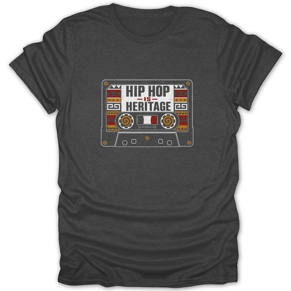 Dark grey t-shirt with a cassette tape graphic that reads "HIP HOP IS HERITAGE".