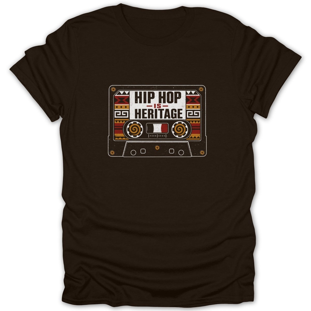Brown t-shirt with a graphic of a cassette tape that reads "Hip Hop Is Heritage".