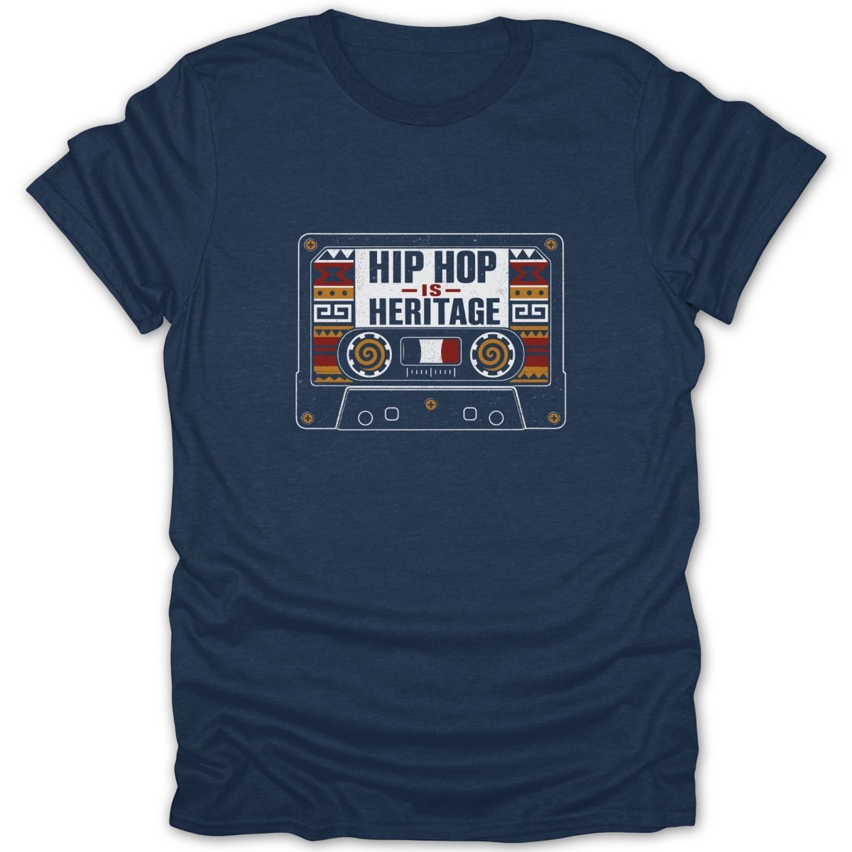 Navy t-shirt with a cassette tape graphic that says "HIP HOP IS HERITAGE".