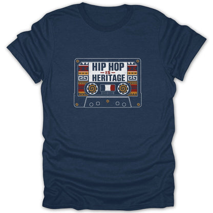 Navy t-shirt with a cassette tape graphic that says "HIP HOP IS HERITAGE".