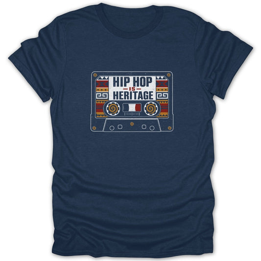 Navy t-shirt with a cassette tape graphic that says "HIP HOP IS HERITAGE".