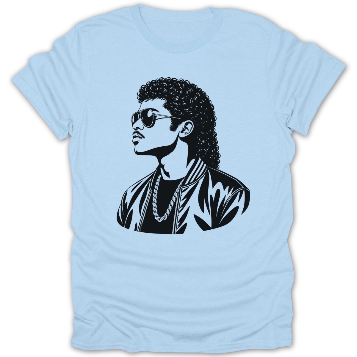 Black and white illustration of a man with curly hair and sunglasses on a light blue t-shirt.